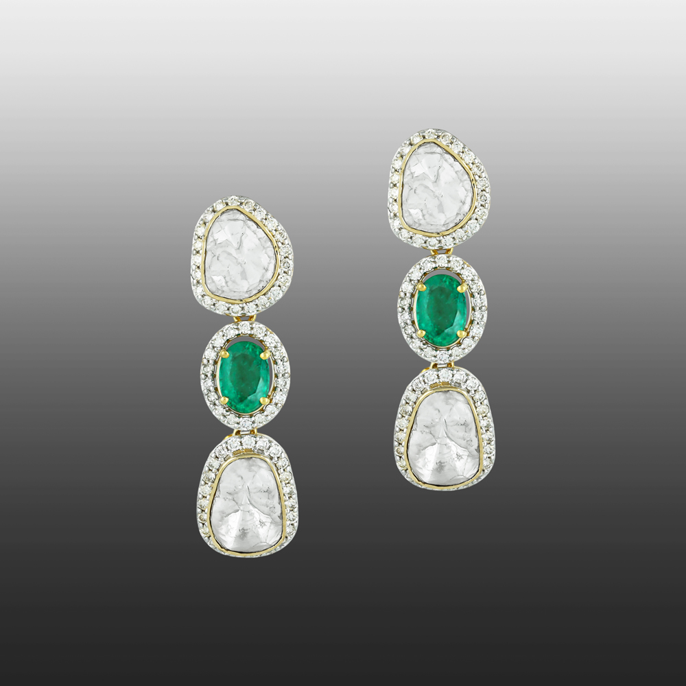 Oval Emerald Earrings with Polki & Diamond Halo Borders